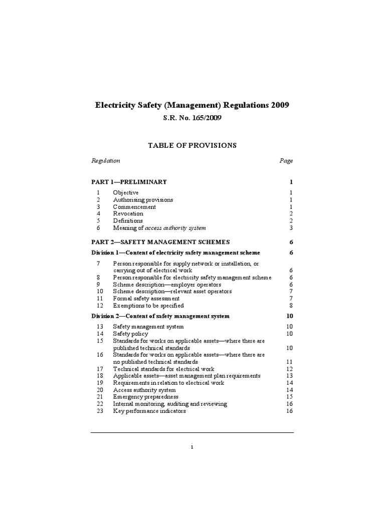 Electricity Safety Management Regulations 2009 PDF Safety