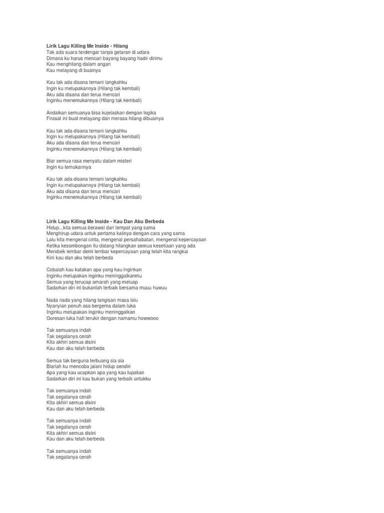 Lirik Lagu Killing Me Inside
