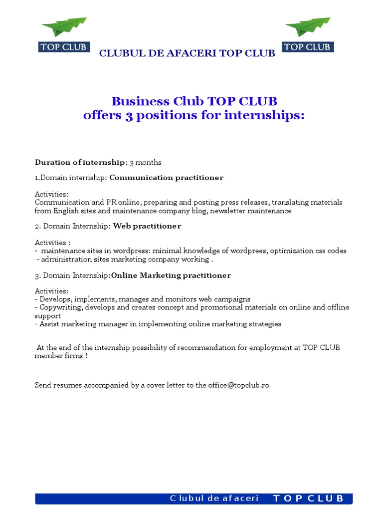 Internship Opportunities at TOP CLUB | PDF