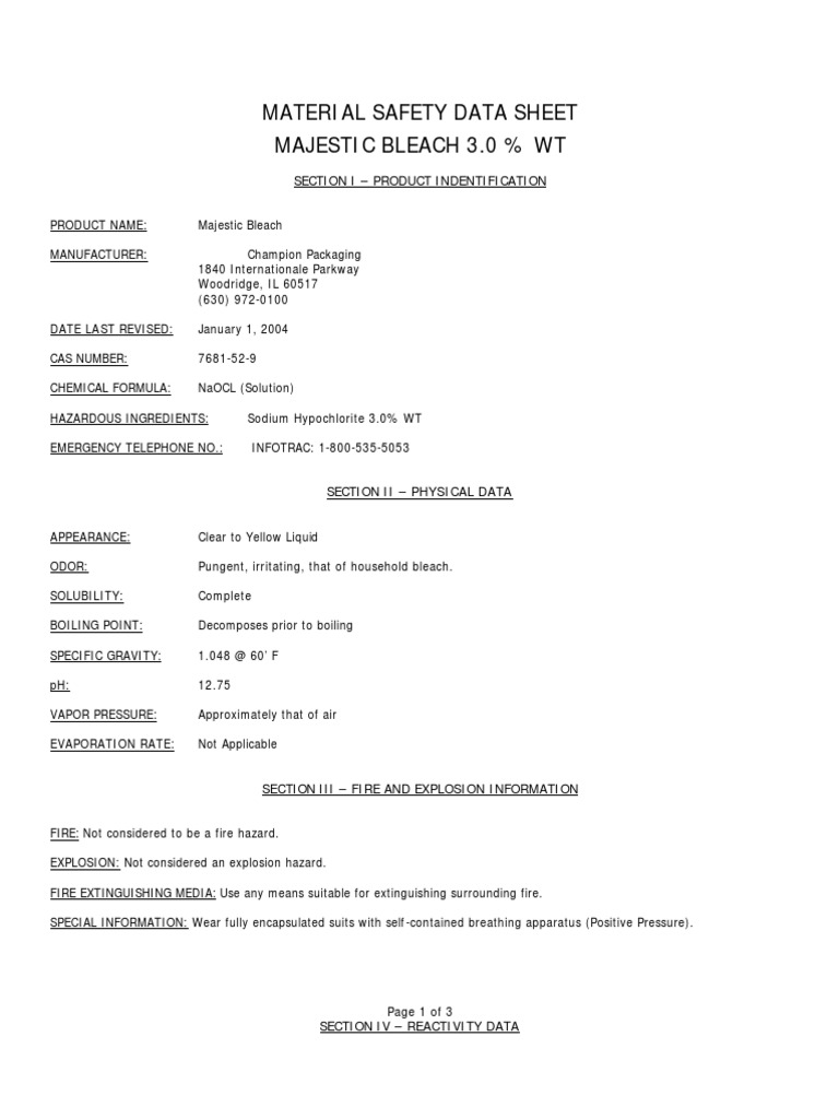 Majestic Bleach MSDS PDF Chemical Substances Chemistry