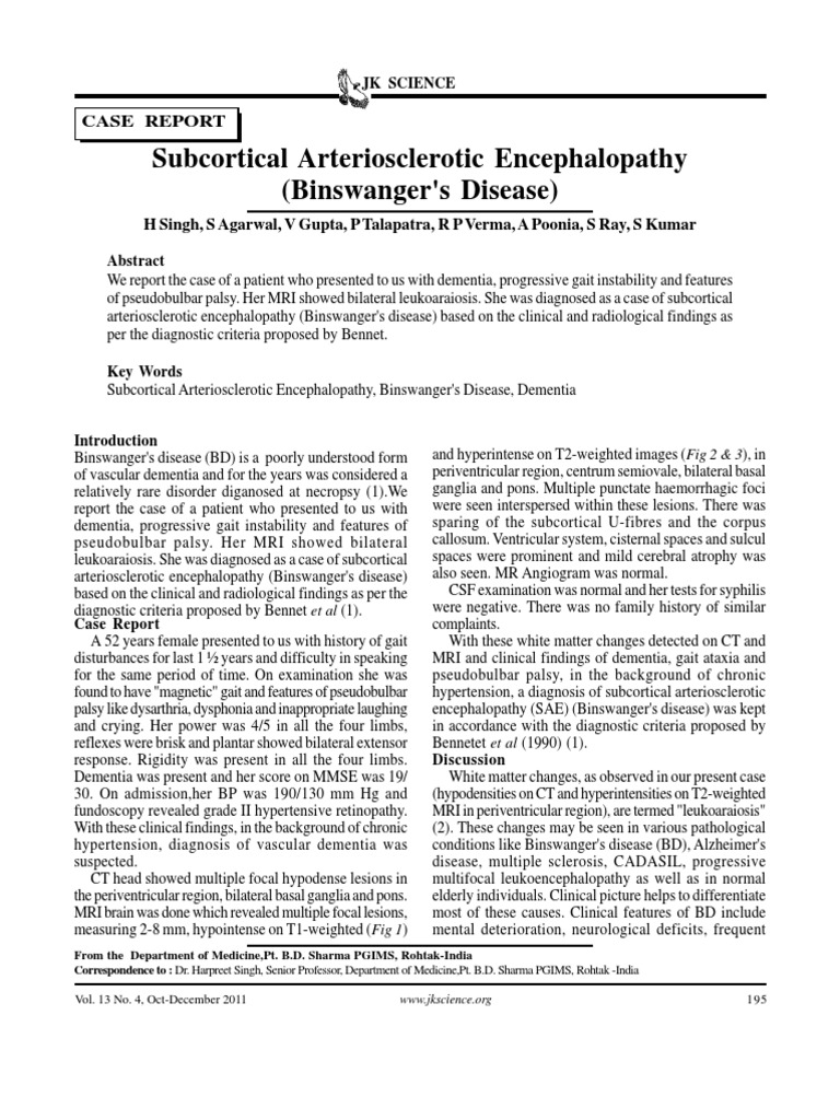 Subcortical Arteriosclerotic Encephalopathy (Binswanger's Disease)