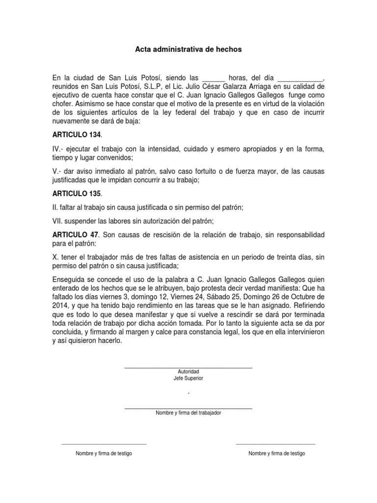 Acta Administrativa de Hechos Ejemplo