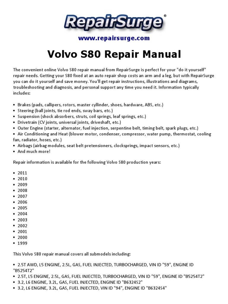 Volvo S80 Repair Manual 1999-2011 | PDF | Engines | Automotive Industry