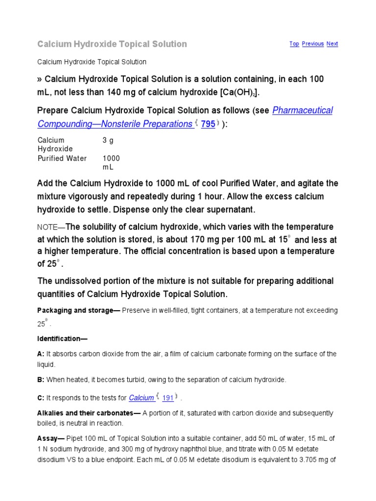 Calcium Hydroxide Topical Solution Pharmaceutical Compounding Nonsterile Preparations