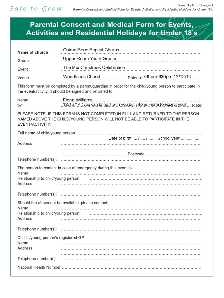 Parental Consent and Medical Form For Events, Activities and ...