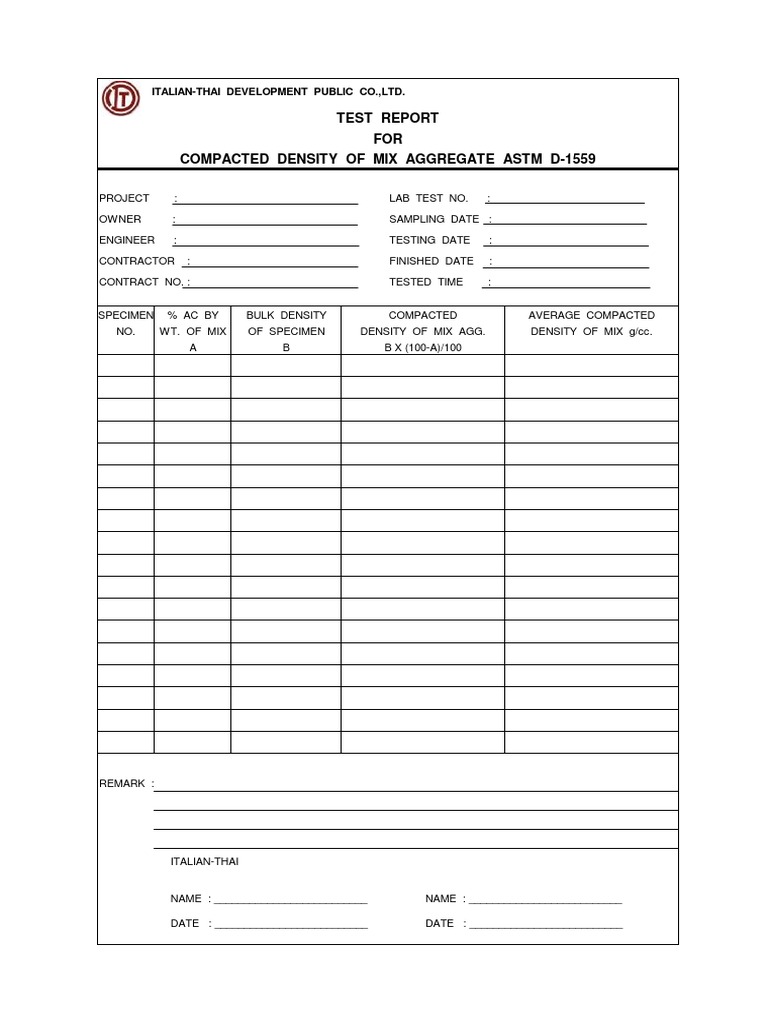 Test Report FOR Compacted Density of Mix Aggregate Astm D-1559 ...