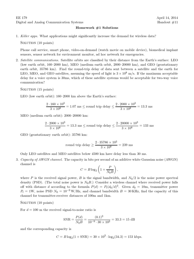 EE 179 Homework 1 Solutions | PDF | Signal To Noise Ratio | Satellite