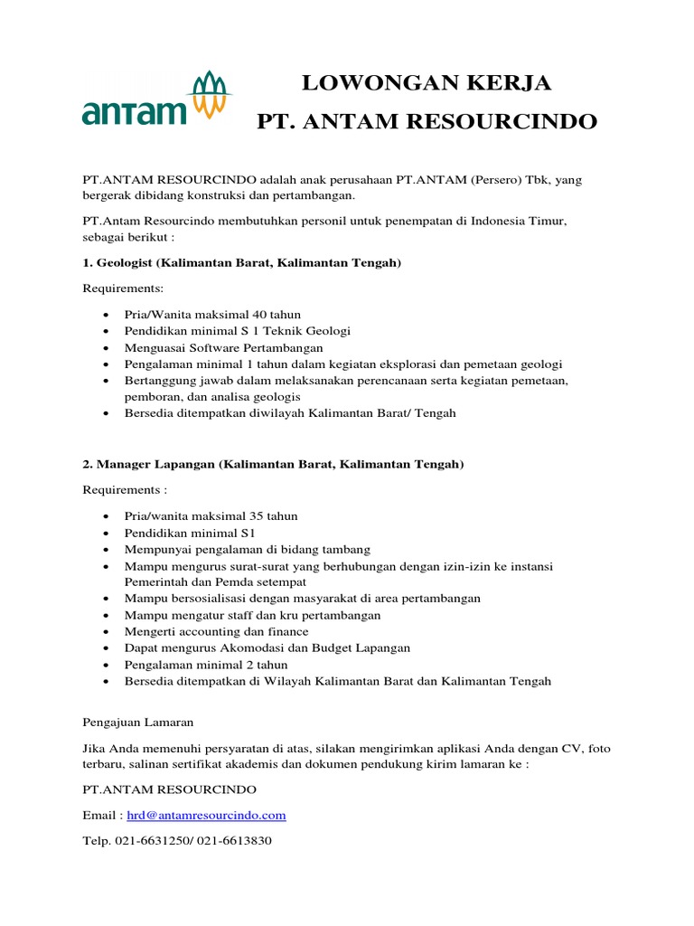 Contoh Surat Lamaran Kerja Ke Pt Antam