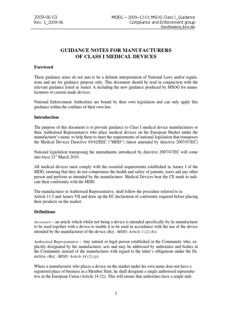 Guidance Notes For Manufacturers of Class I Medical Devices PDF