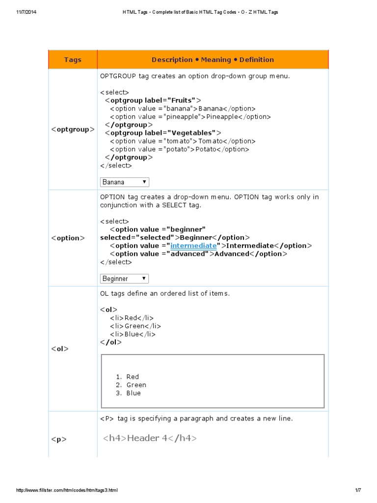 HTML Tags • Complete List of Basic HTML Tag Codes • O - Z HTML Tags ...