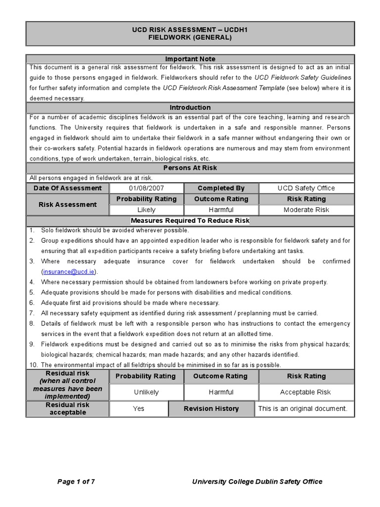 UCDH1 Fieldwork (General) Risk Assessment | PDF | Risk Assessment