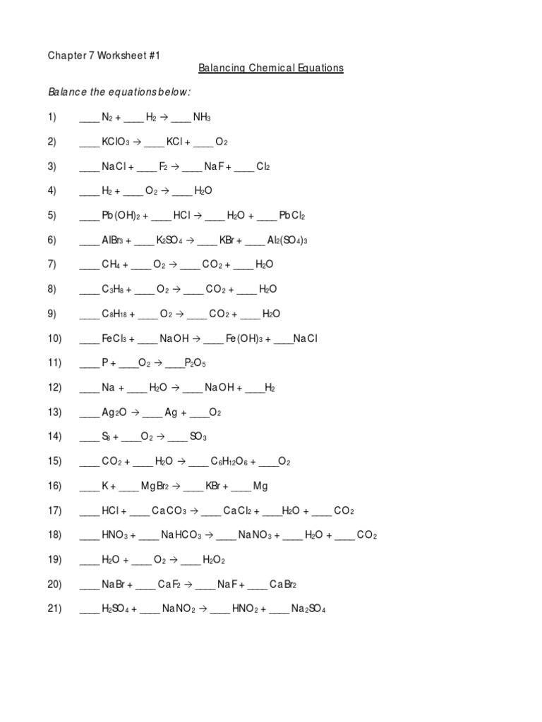 worksheet Balancing Chemical Equations Worksheet 1 Answer Key balancing chemical equations chloride chlorine