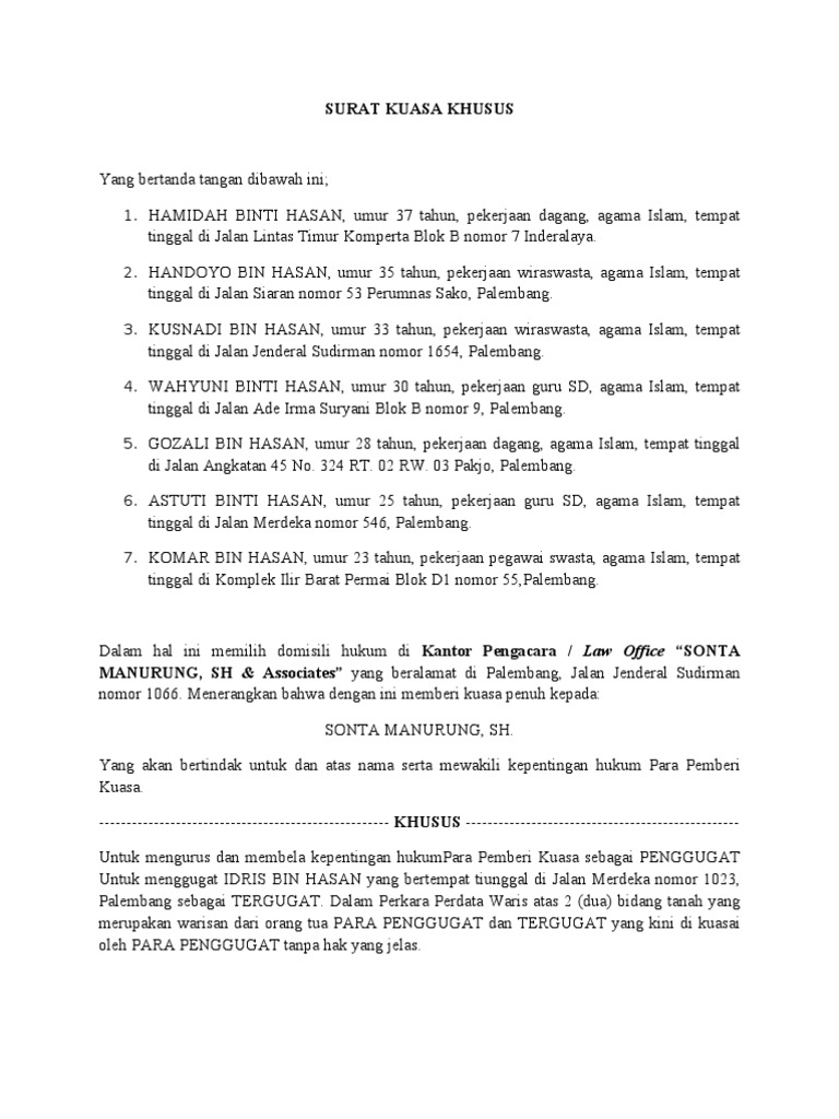 Contoh Surat Kuasa Gugatan Waris