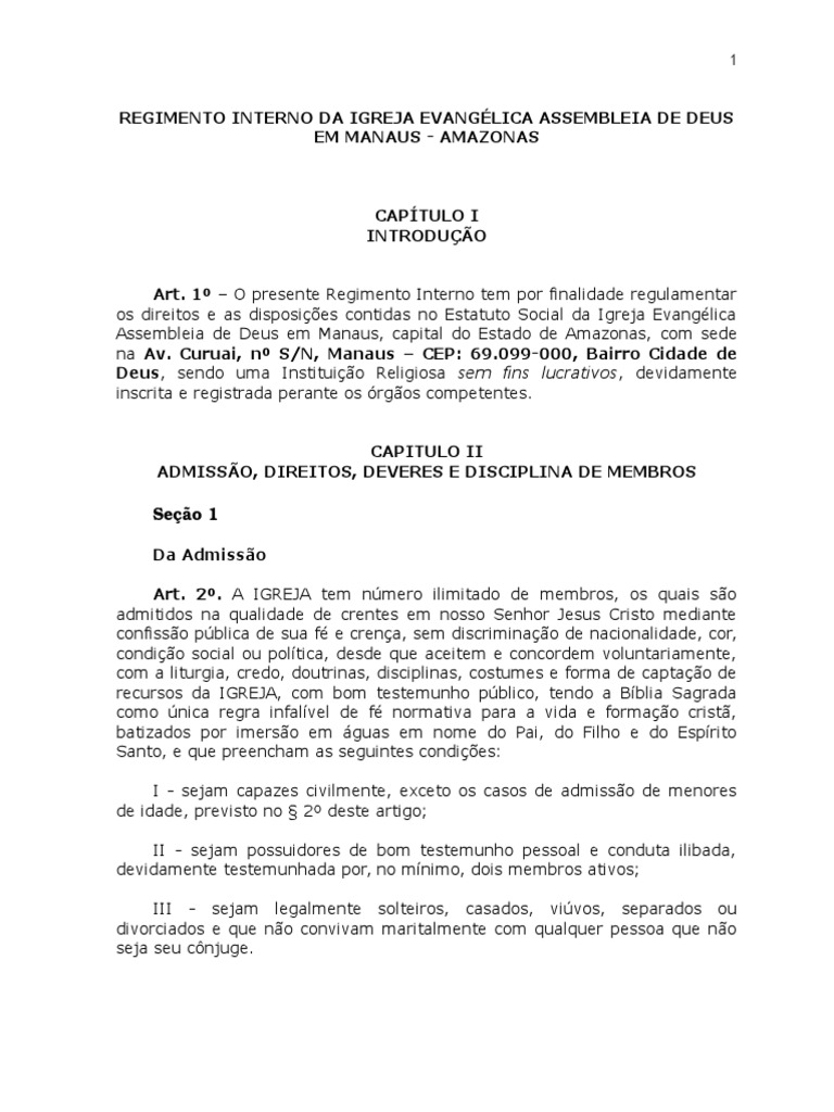 Regimento Interno Da Igreja PDF Ministério