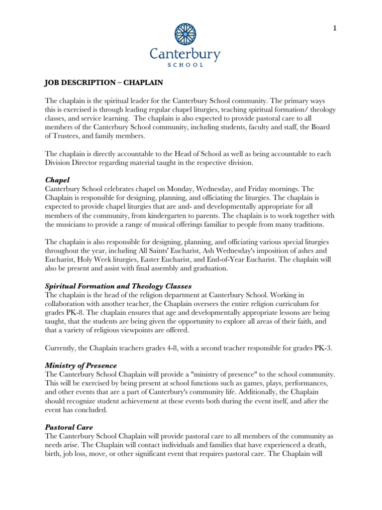 Canterbury School Chaplain Role | PDF | Chaplain | Eucharist, image size:768x1024