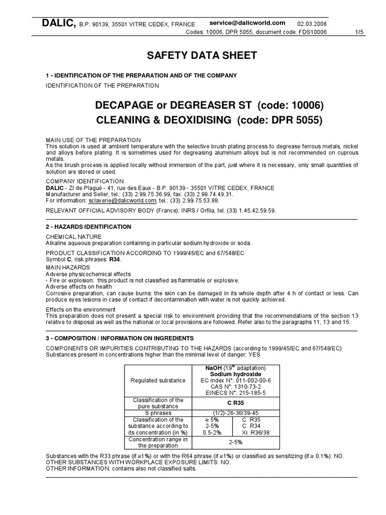 FDA 10006 Sodium Hydroxide Chlorine