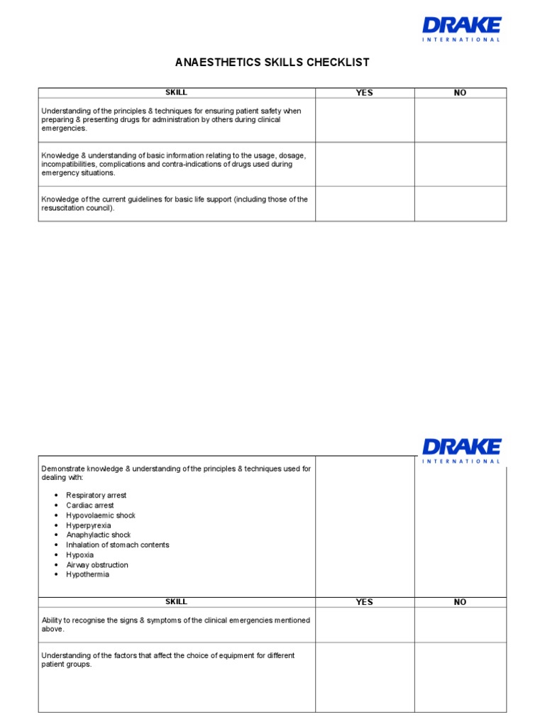 Anaesthetics Skills Checklist.doc Anesthesia Intravenous Therapy