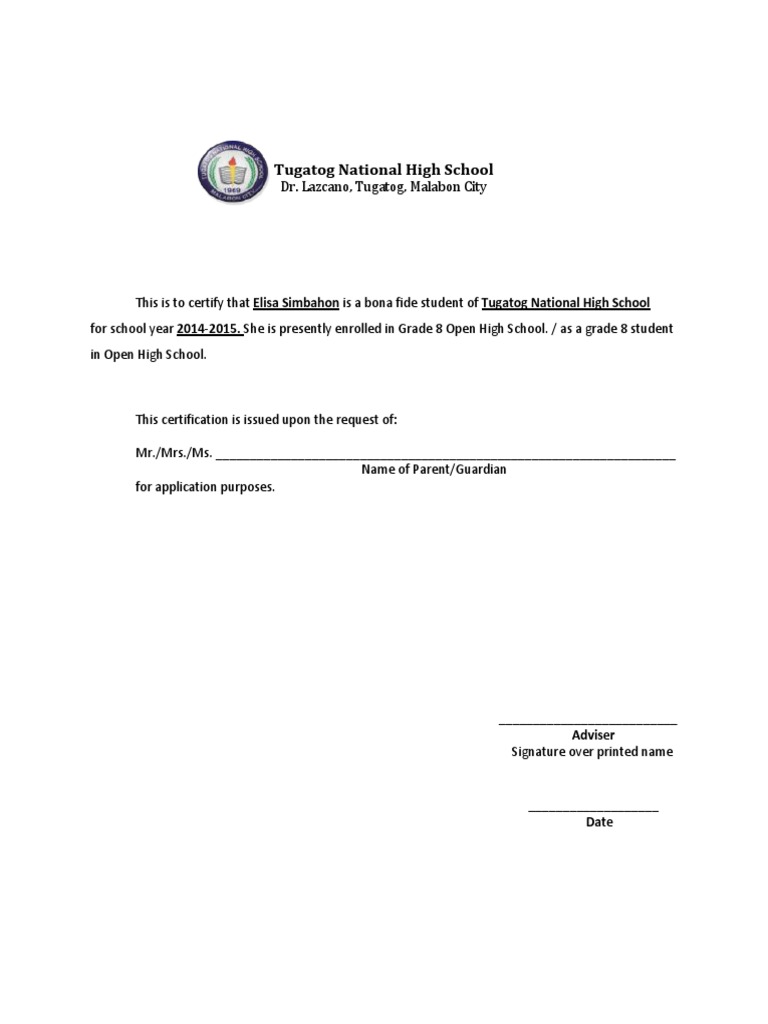 Certification for Grade 8 Student | PDF