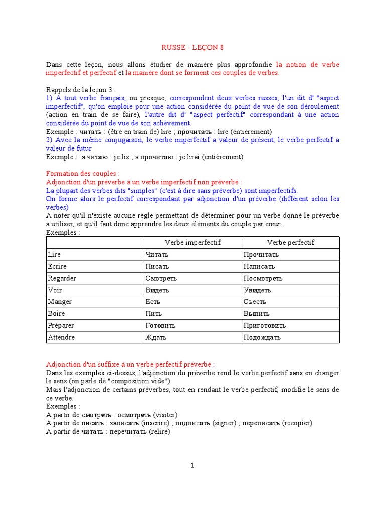 Les 100 Verbes Russes Les Plus Utiles Notion de Verbe Imperfectif Et Perfectif Cours de Russe | PDF | Langue russe  | Verbe