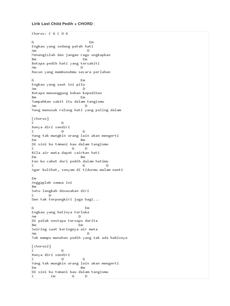 Kunci Gitar Lirffik Last Child Pedih