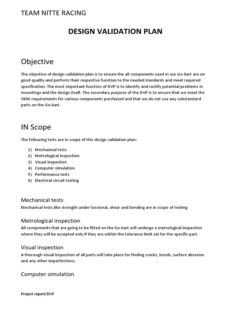 Design Validation Plan For Go Kart PDF Structural Load 