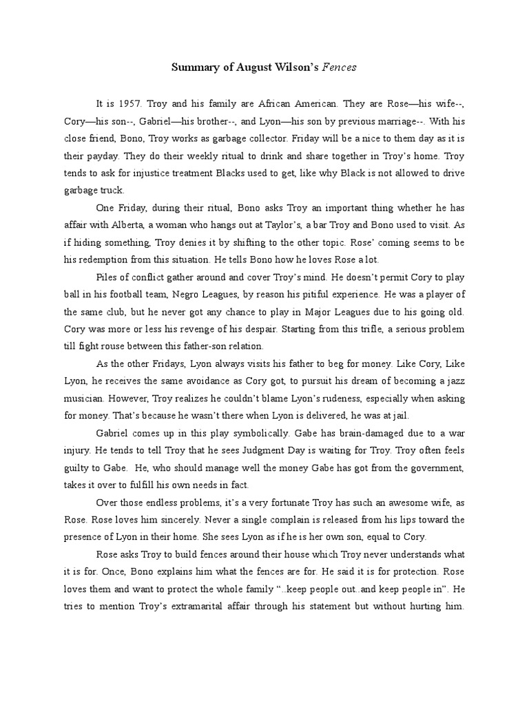 Summary of August Wilson's Fences Fences (Play)