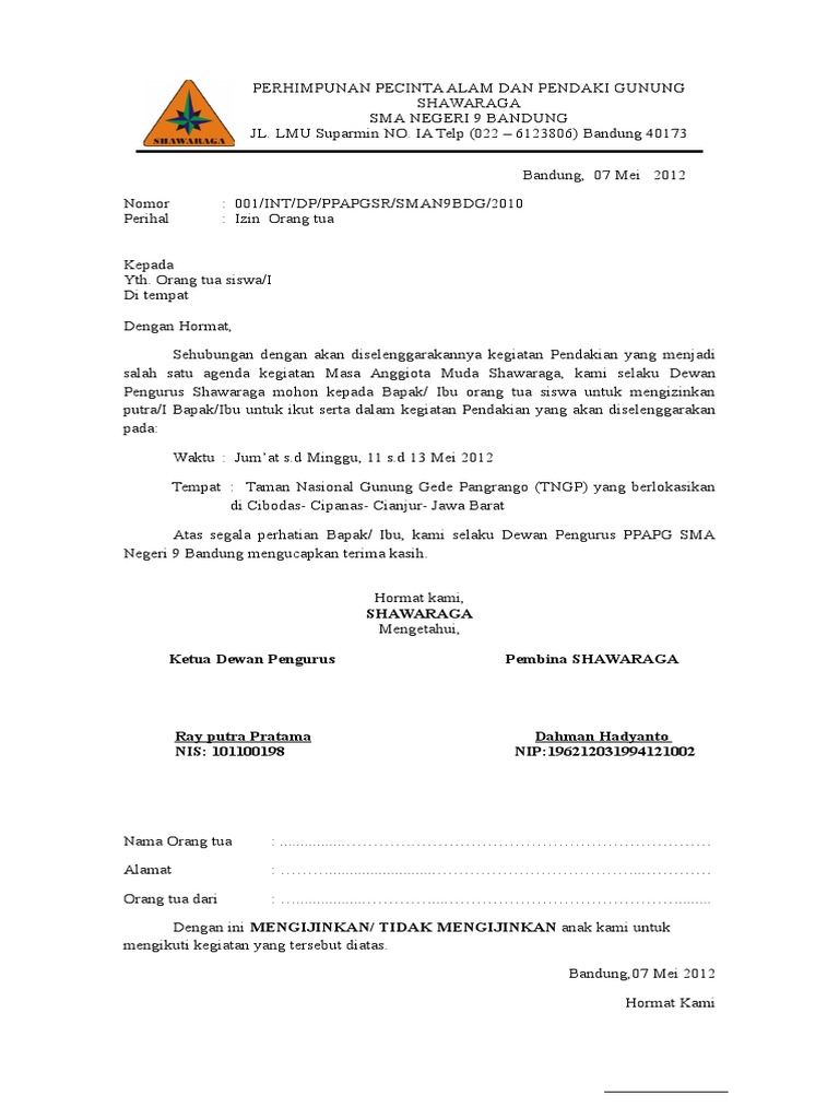 Surat Izin Orang Tua Gede Pangrango