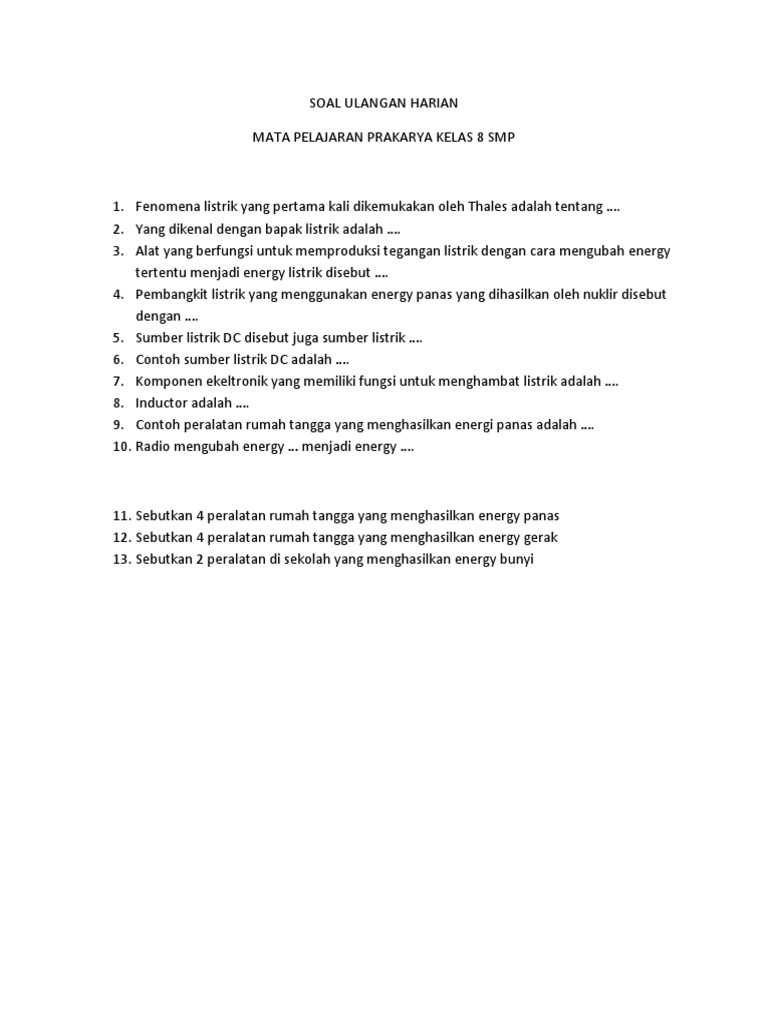 Soal Ulangan Harian Prakarya Kelas 8