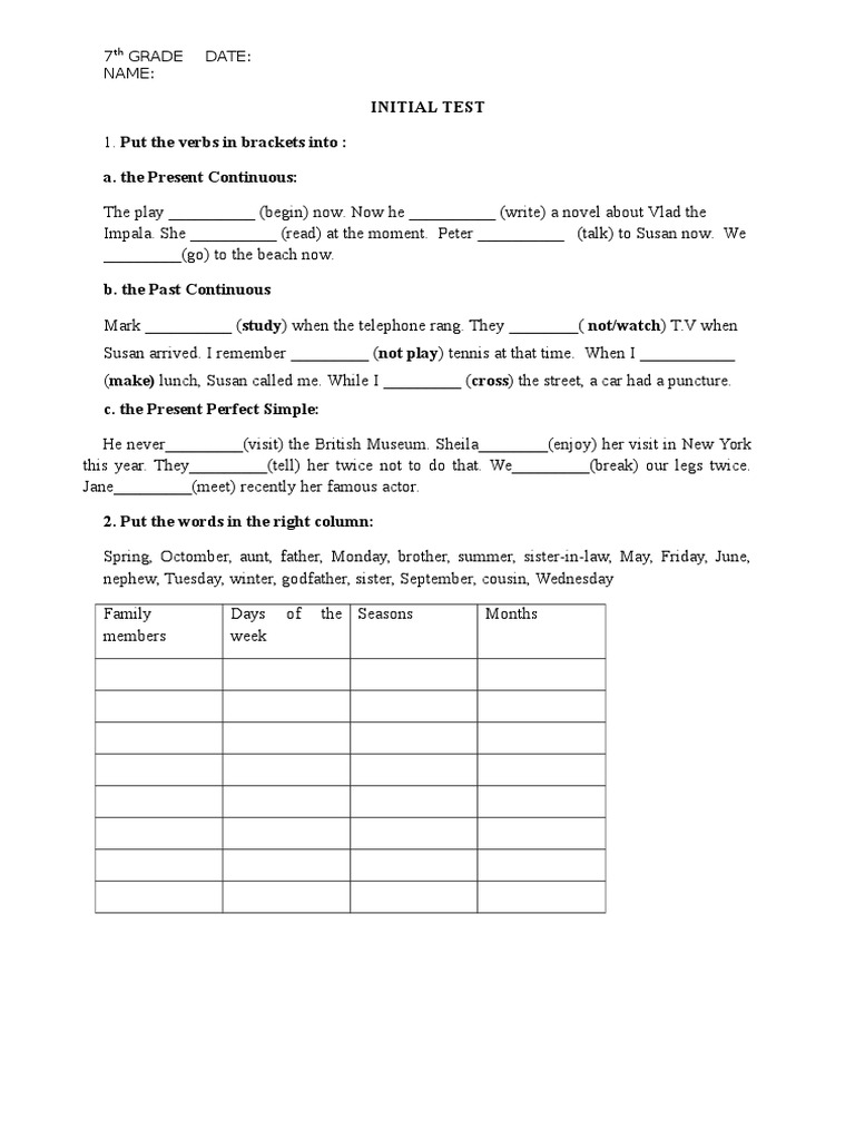 Initial Test: 7 Grade Date: Name | PDF