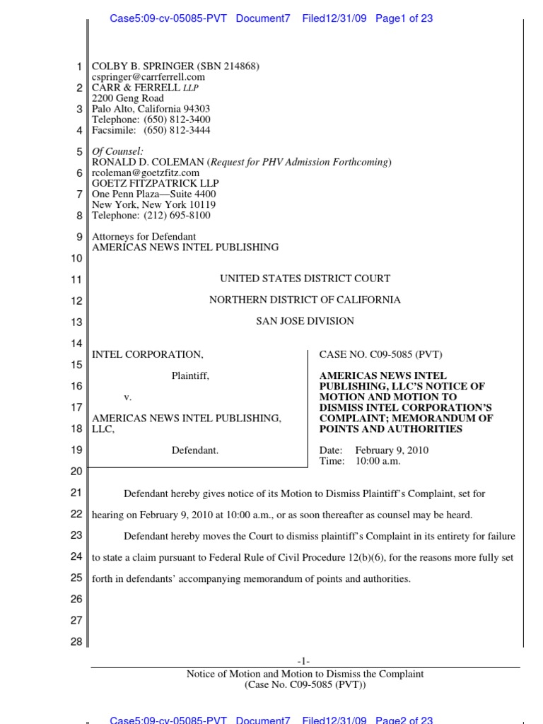Motion To Dismiss With Points and Authorities Plus Declaration With