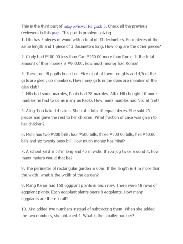 Math Problem Solving Mock Test for Grade 3: Word Problems, Fractions ...