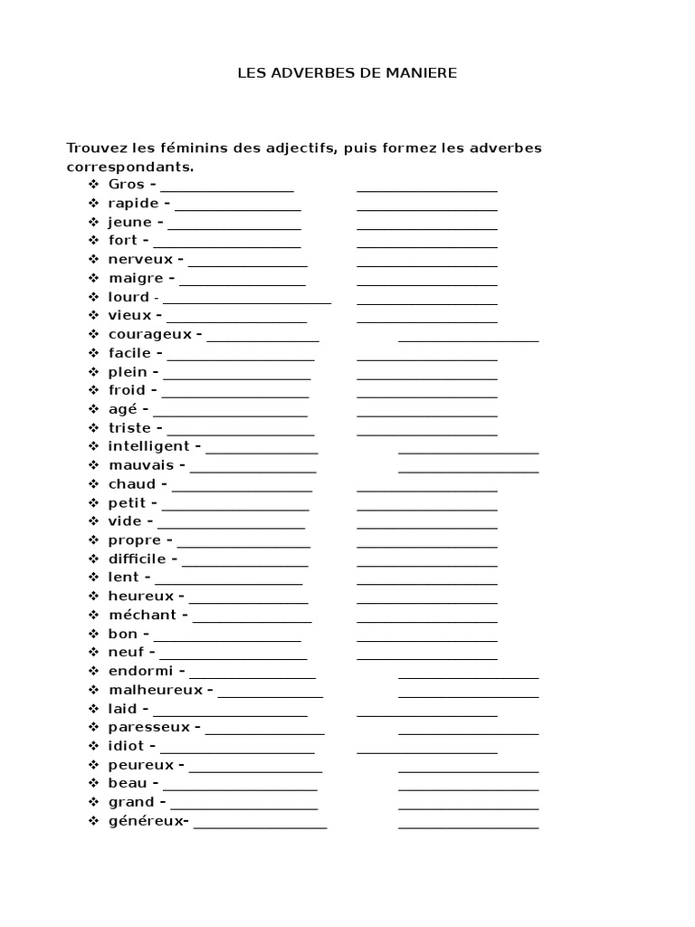 Le Féminin Des Adjectifs Exercices Pdf Adjectifs Feminin