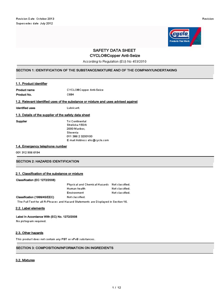 Safety Data Sheet CYCLO®Copper AntiSeize PDF Toxicity Personal