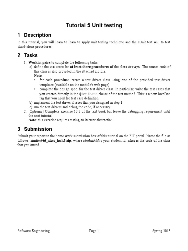 Tutorial 5 Unit Testing: 1 Description | PDF