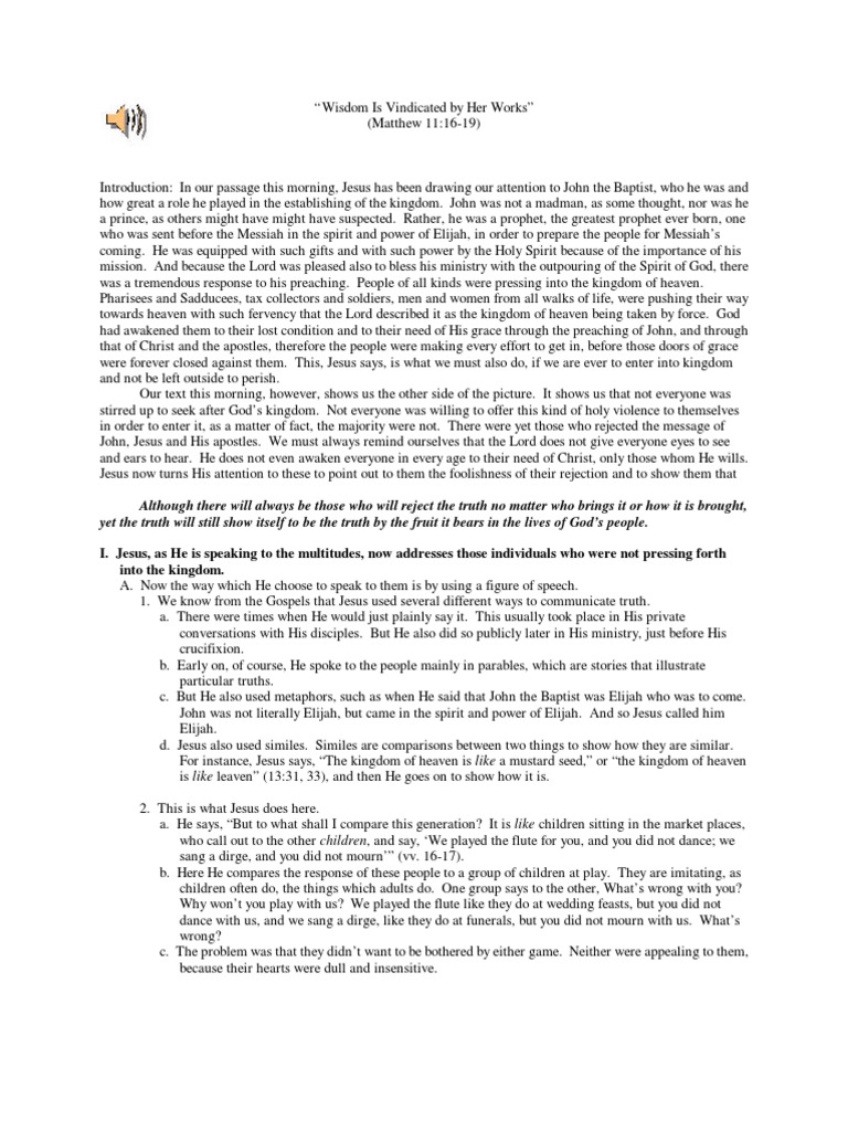 Wisdom Is Vindicated by Her Works PDF John The Baptist Christianity