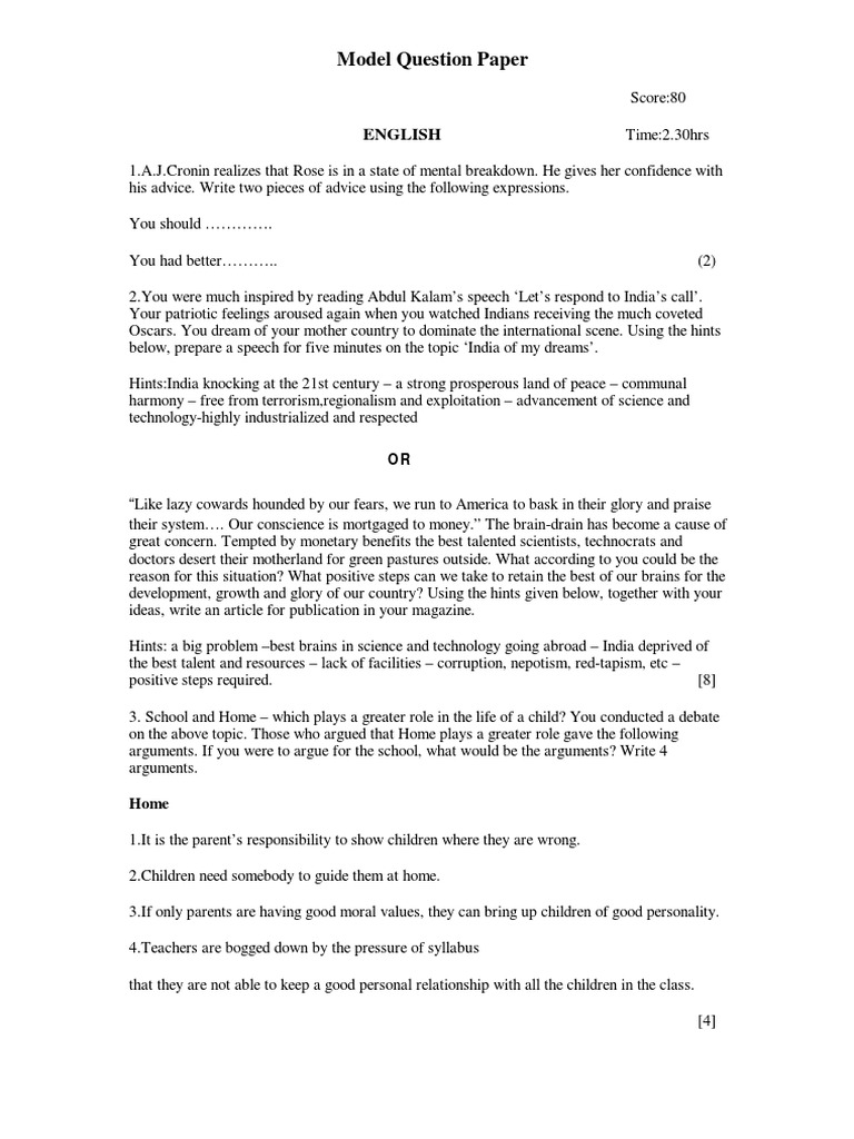 Plus One English Model Questions | PDF