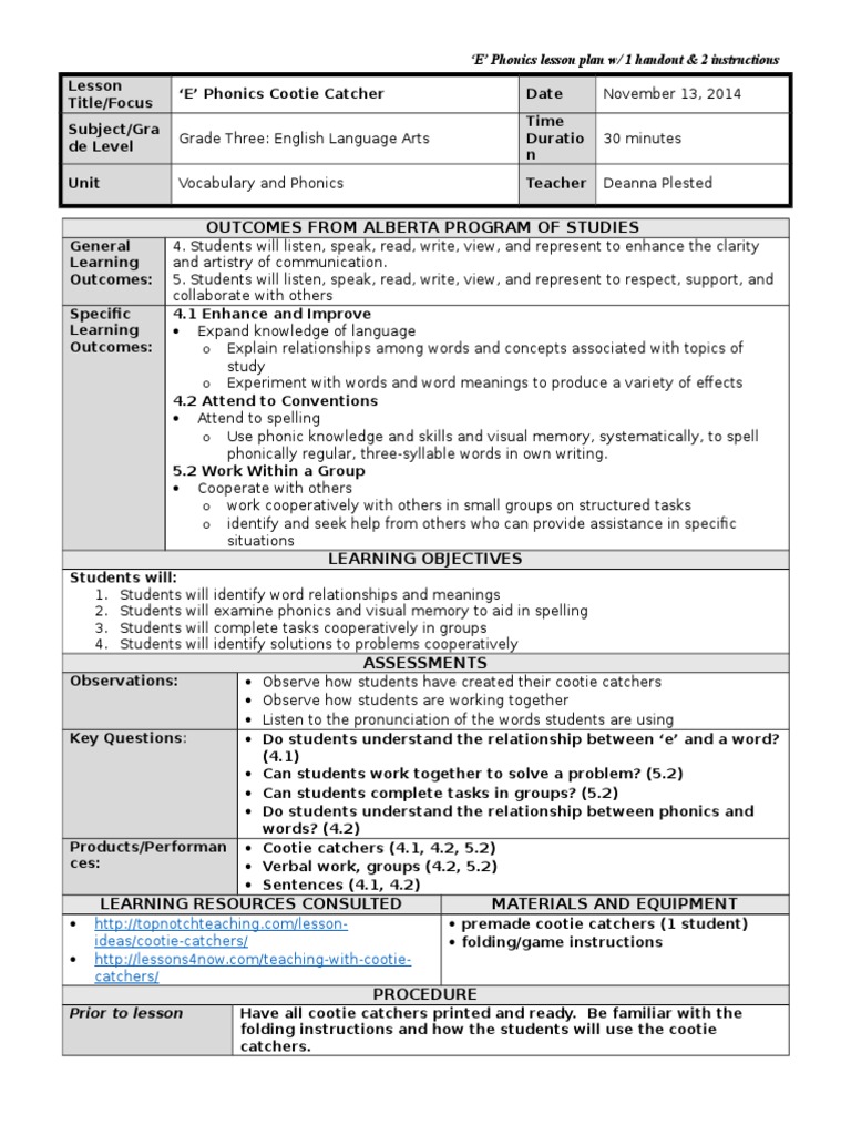 grade 3 e phonics lesson plan la Phonics Lesson Plan