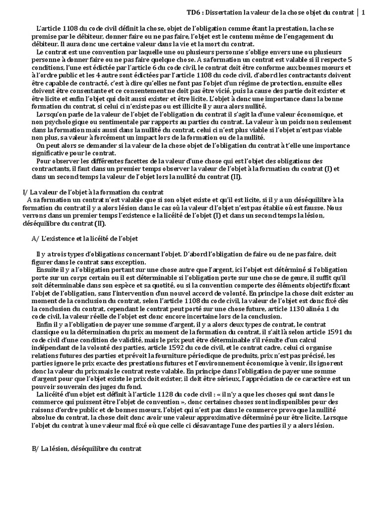 Le Consentement En Droit Des Contrats Dissertation Dissertation: La Valeur de La Chose Objet Du Contrat | PDF | Nullité du  contrat en droit civil français | Droit des obligations