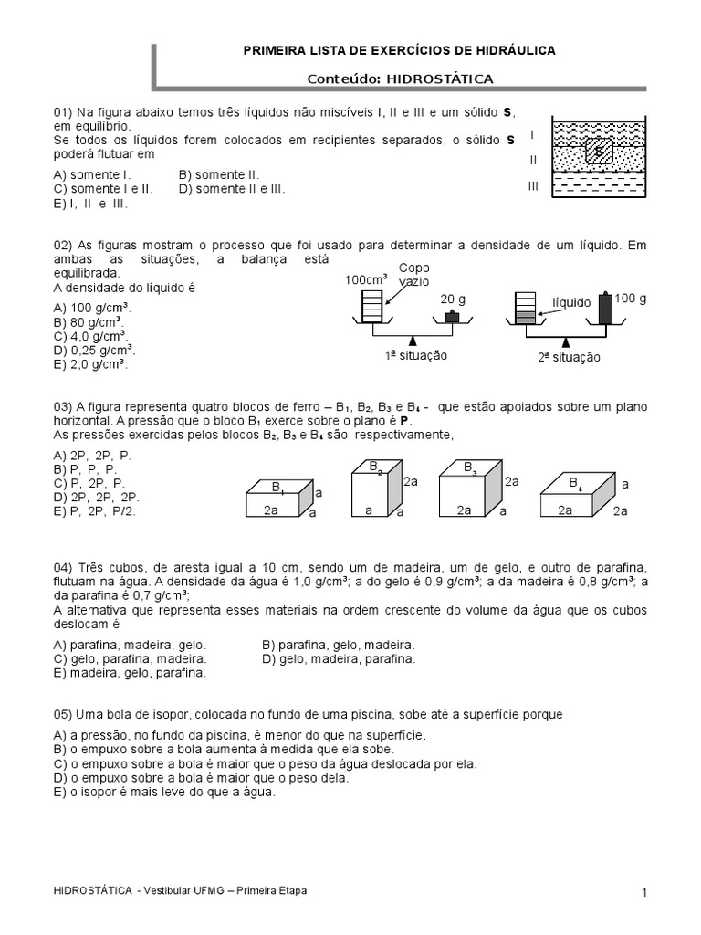 Lista de Exercícios de Hidrostática | PDF | Flutuabilidade | Pressão