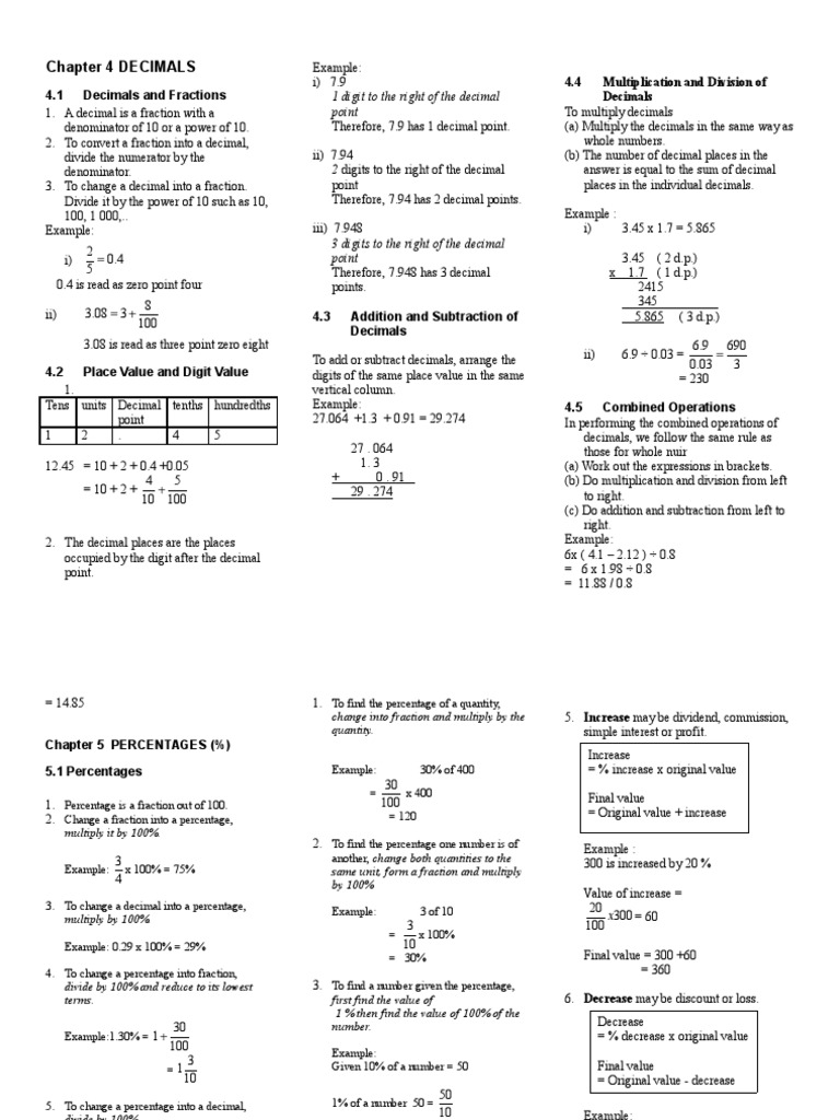 Nota padat math f1  Fraction (Mathematics)  Percentage