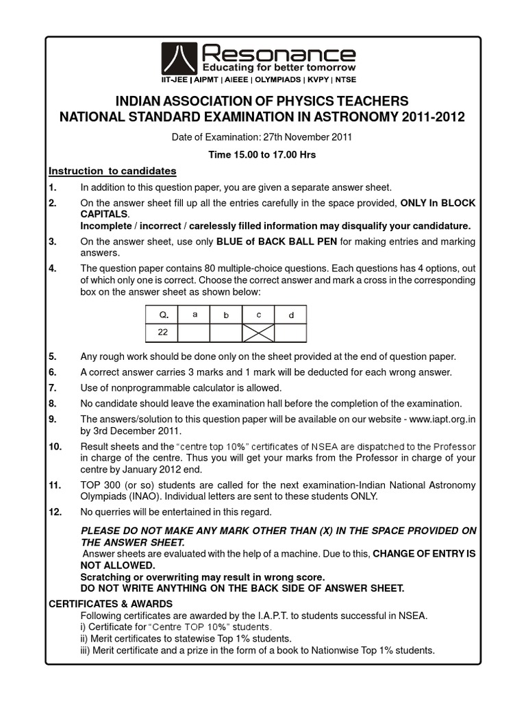 NSEA Astronomy Exam 2011-2012 Paper | PDF