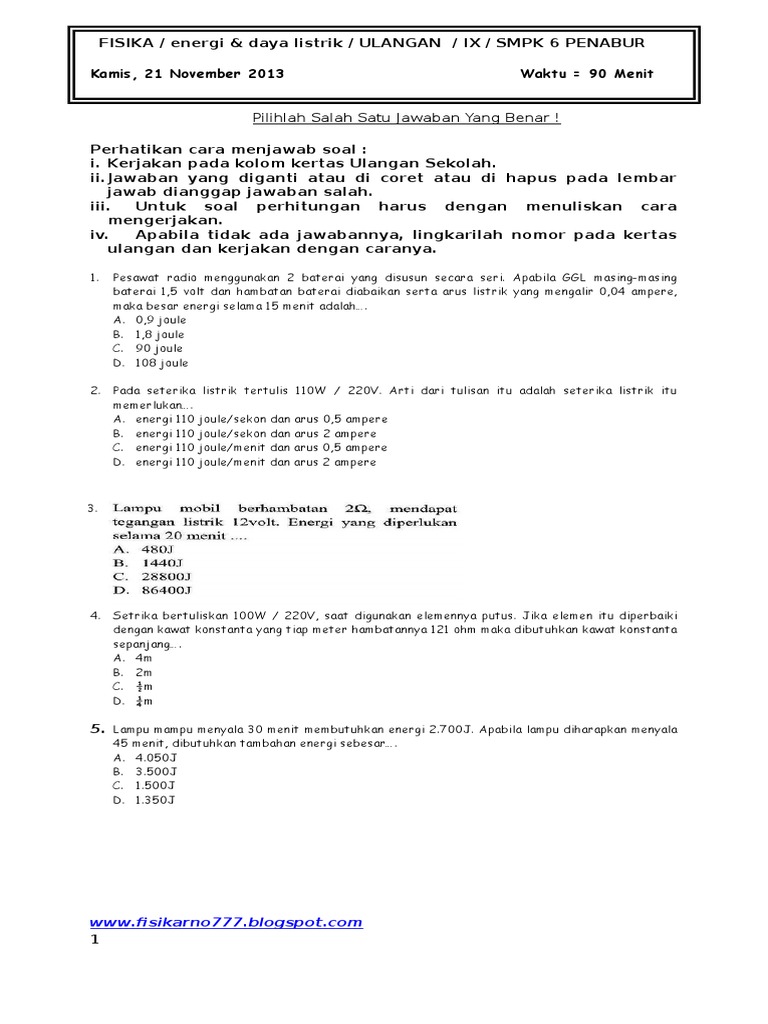 Soal Energi dan Daya Listrik Kelas 9 | PDF | Griya & Taman | Teknologi ...