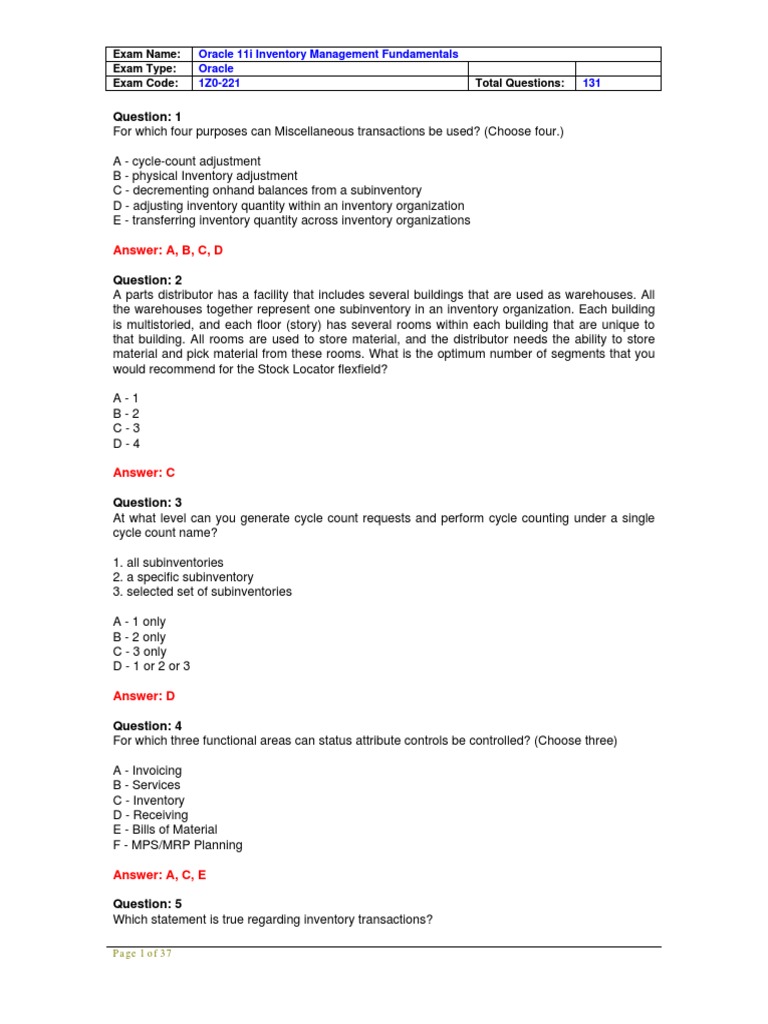 Oracle 11i Inventory Management Exam Guide | PDF | Inventory | Forecasting