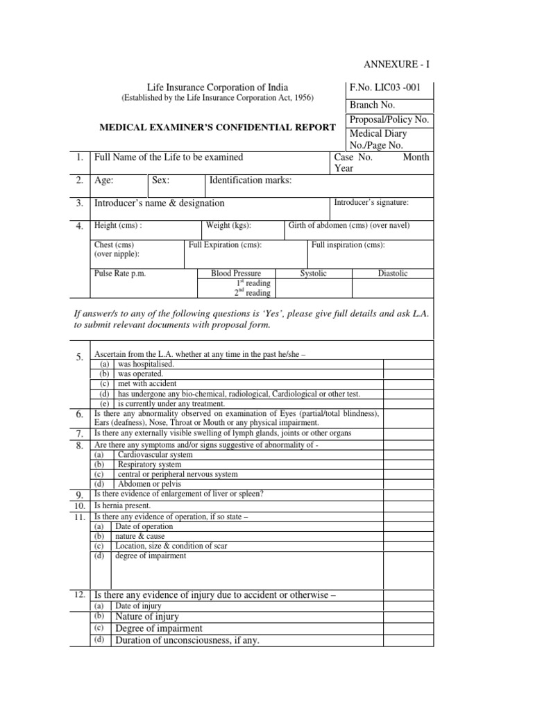 LIC Medical Examiner's Report Form | PDF | Blood Pressure | Health Sciences