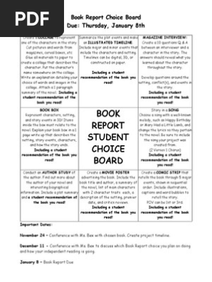 book report choice board