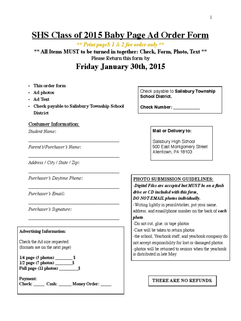 SHS Class of 2015 Ad Order Form | PDF