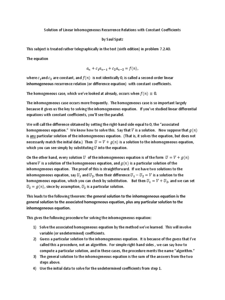 Solve Linear Inhomogeneous Recurrences | PDF | Recurrence Relation ...
