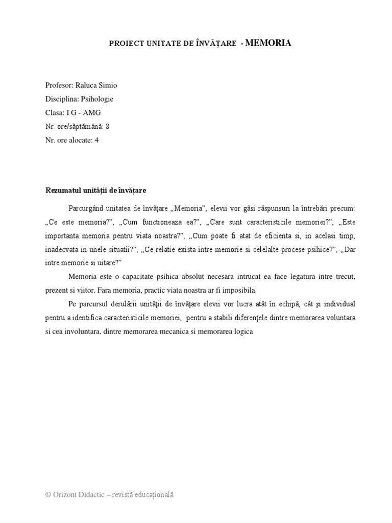 Proiect Unitate de Invatare Memoria | PDF