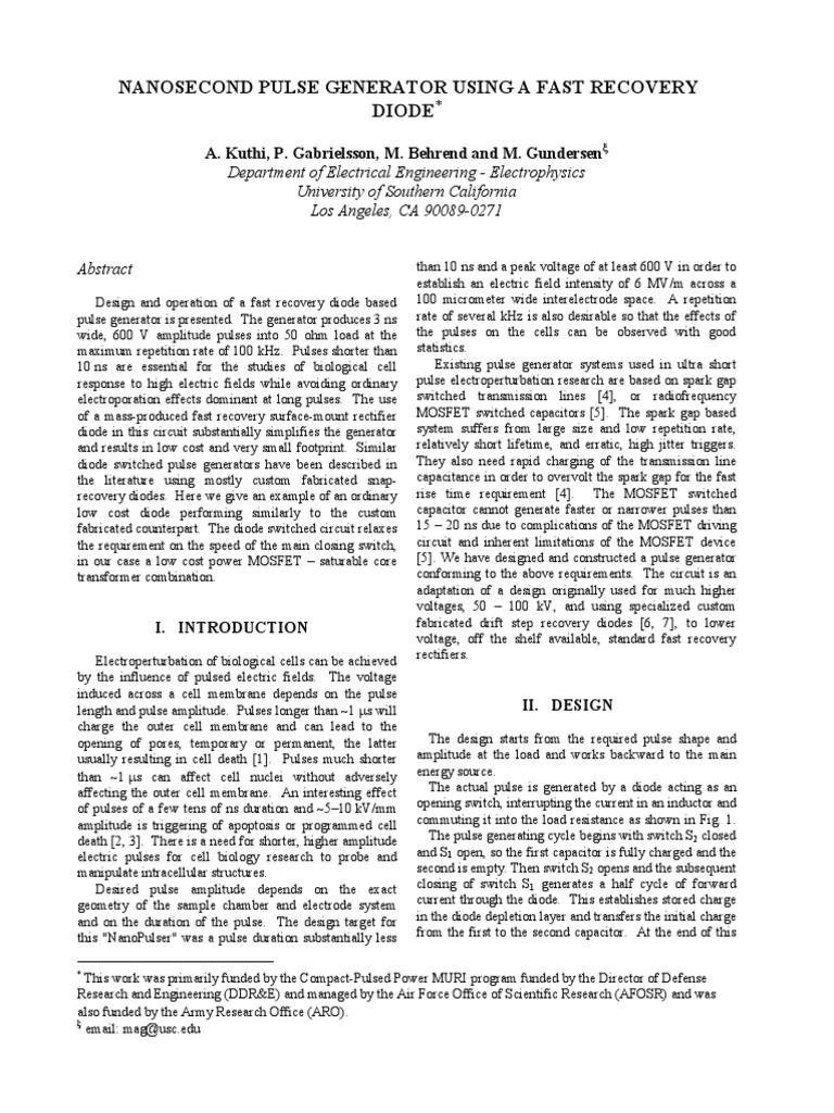 A Kuthi Nanosecond Pulse Generator Using A Fast Recovery Diode PDF