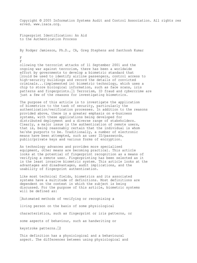 Fingerprint Identification PDF Biometrics Fingerprint
